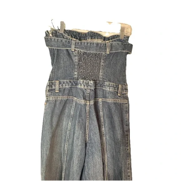 ZARA Women's L Denim Jumpsuit Wide Leg Flare Denim Strapless Buckle Detail - Picture 5 of 9